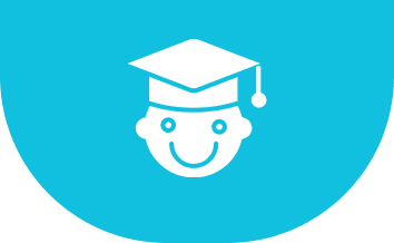 A white icon of a person wearing a graduation cap.